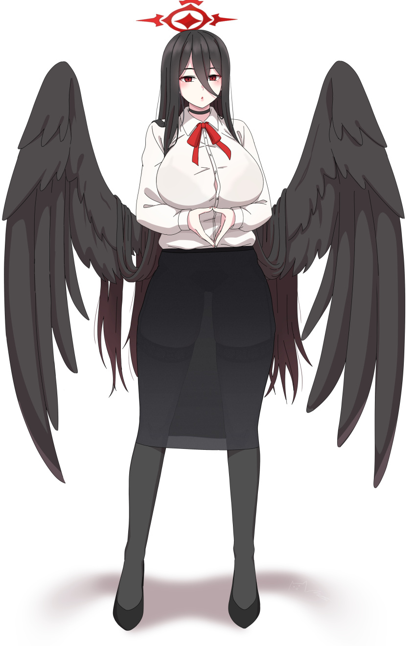 1girl absurdres alternate_costume black_choker black_footwear black_hair black_skirt black_wings blue_archive bow bowtie breasts choker commentary_request feathered_wings finger_touching full_body hair_between_eyes halo hasumi_(blue_archive) high_heels highres large_breasts large_wings long_bangs long_hair long_sleeves looking_at_viewer majinmallow mole mole_under_eye own_hands_together parted_lips pencil_skirt red_bow red_bowtie red_eyes see-through see-through_skirt shirt sidelocks simple_background skirt solo standing white_background white_shirt wings