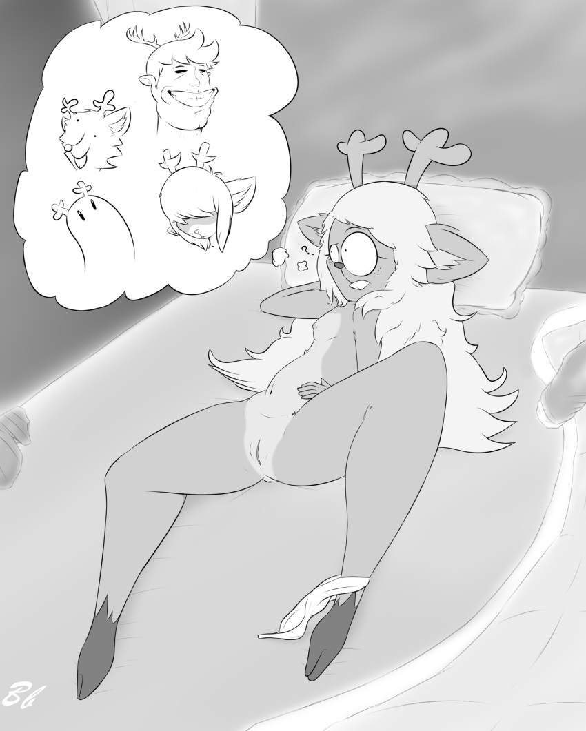 anthro antlers bed bed_curtains bedding bingbingo_(artist) blanket breasts buckteeth canid canine canis clothing clothing_around_one_leg confusion deer deltarune doe_with_antlers domestic_dog female freckles furniture genitals ghost greyscale hair hair_over_eyes half-closed_eyes hand_behind_head hand_on_pregnant_belly hi_res hooves horn human hybrid long_hair lying mammal monochrome narrowed_eyes navel nipples noelle_holiday nude nude_female on_back on_bed pillow pregnant pussy question_mark signature small_breasts smile solo spirit sweater teeth thought_bubble topwear undertale_(series) underwear underwear_around_one_leg