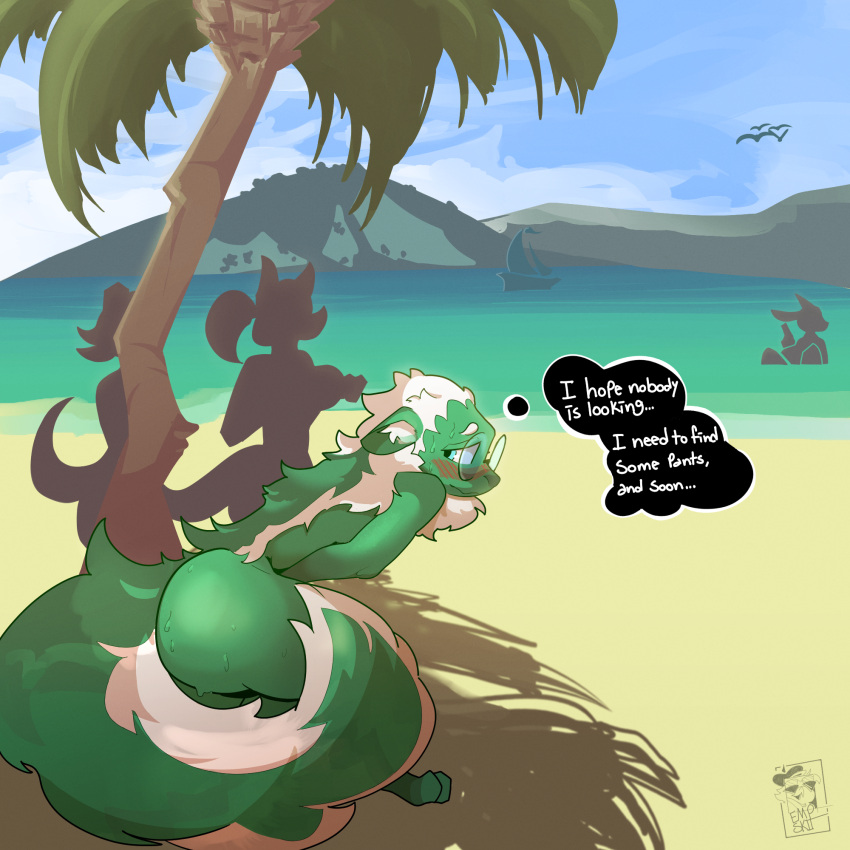 avian beach big_butt big_tail bird blush butt bystanders cloud covering covering_self detailed_background donut_(krazeddonut) embarrassed empskit eyewear glasses hi_res hiding huge_butt hyper hyper_butt looking_aside mammal mephitid mountain palm_tree plant public public_nudity sand seaside shade_(disambiguation) shaded shadow signature skunk tail thought_bubble tree upset water