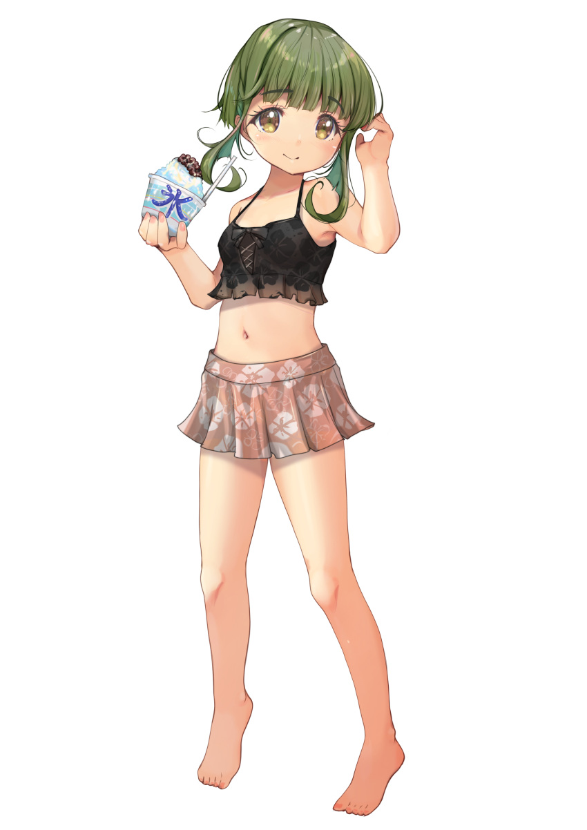 1girl absurdres barefoot bikini bikini_skirt blunt_bangs bob_cut breasts brown_eyes floral_print food full_body green_hair highres kantai_collection looking_at_viewer midriff mismatched_bikini navel official_alternate_costume pink_skirt pleated_skirt shaved_ice short_hair short_hair_with_long_locks sidelocks simple_background skirt sky small_breasts solo standing swimsuit takanami_(kancolle) takanami_kai_ni_(kancolle) white_background yashin_(yasinz)