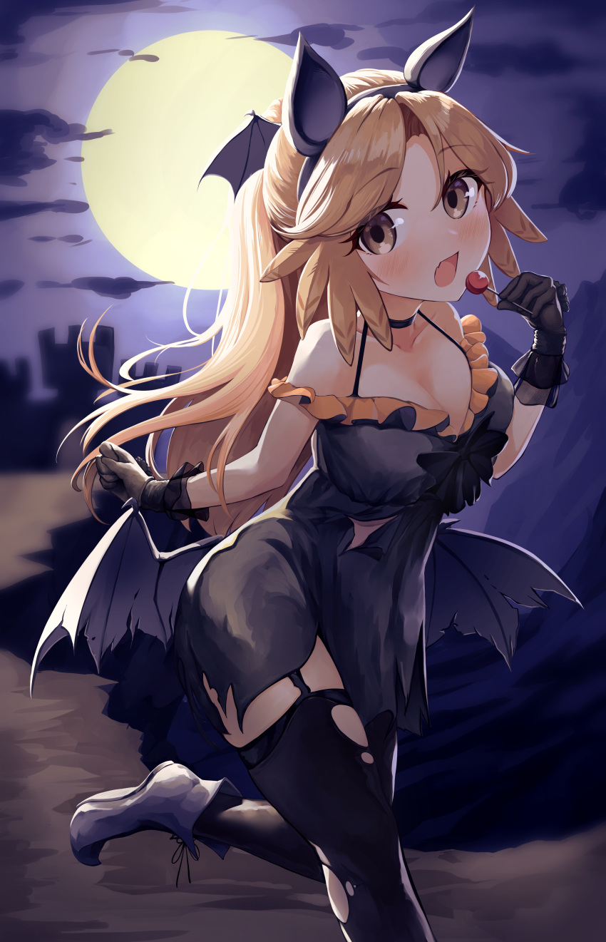 1girl absurdres adapted_costume alternate_costume animal_ears arknights bat_ears bat_wings black_dress black_gloves black_thighhighs blush breasts brown_eyes brown_hair candy cleavage dress fake_animal_ears fake_head_wings fang food frilled_dress frills full_moon garter_straps gloves halloween halloween_costume highres holding holding_candy holding_food holding_lollipop killizard lollipop long_hair low_wings medium_breasts moon no_tail open_mouth outdoors parted_bangs pinecone_(arknights) pointed_footwear ponytail skin_fang solo standing standing_on_one_leg thighhighs torn_clothes torn_dress torn_thighhighs wings
