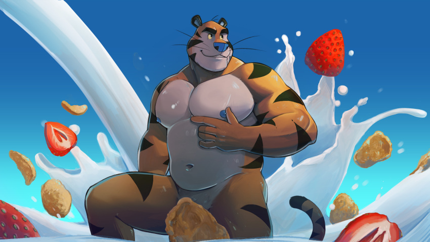 2023 anthro areola biceps black_body black_fur black_stripes blue_nose cereal convenient_censorship countershade_face countershade_torso countershading digital_media_(artwork) eyebrows felid food frosted_flakes fruit fur hi_res kellogg's male mammal mascot milk musclegut muscular muscular_anthro muscular_male navel nipples nude orange_body orange_fur pantherine pecs pinup plant pose shadow smile solo step_pose strawberry striped_body striped_fur stripes tail teeth tiger tony_the_tiger whiskers white_body white_countershading white_fur yellow_sclera zcdartz
