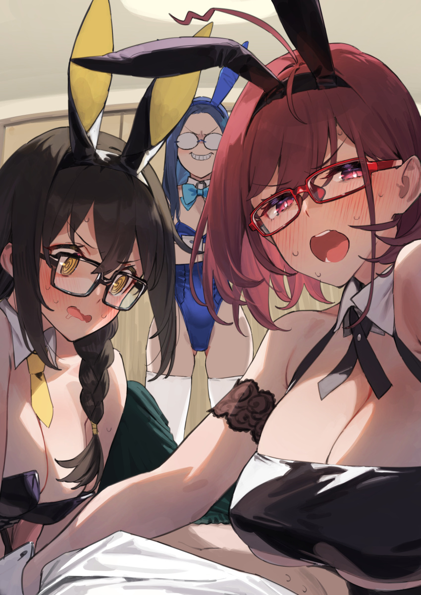 1boy 3girls 92m @_@ absurdres ahoge animal_ears arm_garter ascot black-framed_eyewear black_hair black_ribbon blue_bow blue_bowtie blue_leotard blush bow bowtie braid braided_ponytail breasts cleavage commentary_request dateko detached_collar fake_animal_ears glasses highres kakita_(92m) kinshi_no_ane large_breasts leotard long_hair looking_at_another looking_at_viewer multiple_girls neck_ribbon open_mouth original otouto_(92m) playboy_bunny pov rabbit_ears red-framed_eyewear red_eyes red_hair ribbon round_eyewear short_hair thighhighs wavy_mouth white_thighhighs yellow_ascot yellow_eyes