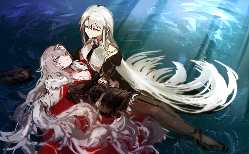 2girls agtt25333 azur_lane cloak comforting enterprise_(azur_lane) floating graf_zeppelin_(azur_lane) grey_hair hand_on_another's_head highres long_hair looking_at_another multiple_girls necktie no_headwear pantyhose partially_submerged wading
