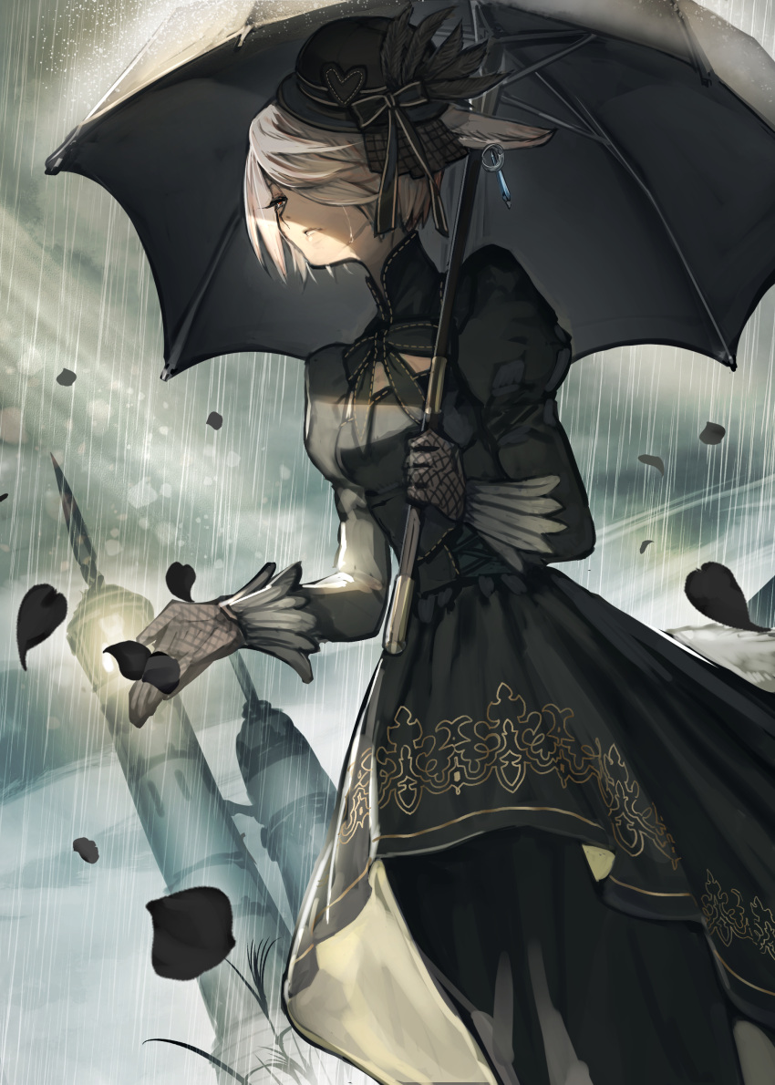 1girl absurdres animal_ears black_dress building crying crying_with_eyes_open dress dutch_angle final_fantasy final_fantasy_xiv fishnet_gloves fishnets gloves grey_hair hat hide_(hideout) highres holding holding_umbrella long_sleeves outdoors petals puffy_long_sleeves puffy_sleeves rabbit_ears rain red_eyes short_hair solo tears umbrella warrior_of_light_(ff14)