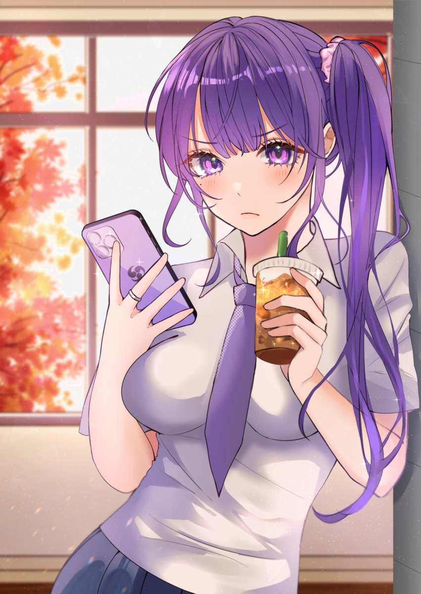 1girl cellphone closed_mouth collared_shirt commentary_request cup drinking_straw frown genshin_impact hair_ornament hair_scrunchie highres holding holding_cup holding_phone indoors leaning_to_the_side long_hair looking_at_viewer necktie phone purple_eyes purple_hair purple_necktie raiden_shogun school_uniform scrunchie shirt short_sleeves side_ponytail smartphone solo upper_body white_shirt window yaduki100