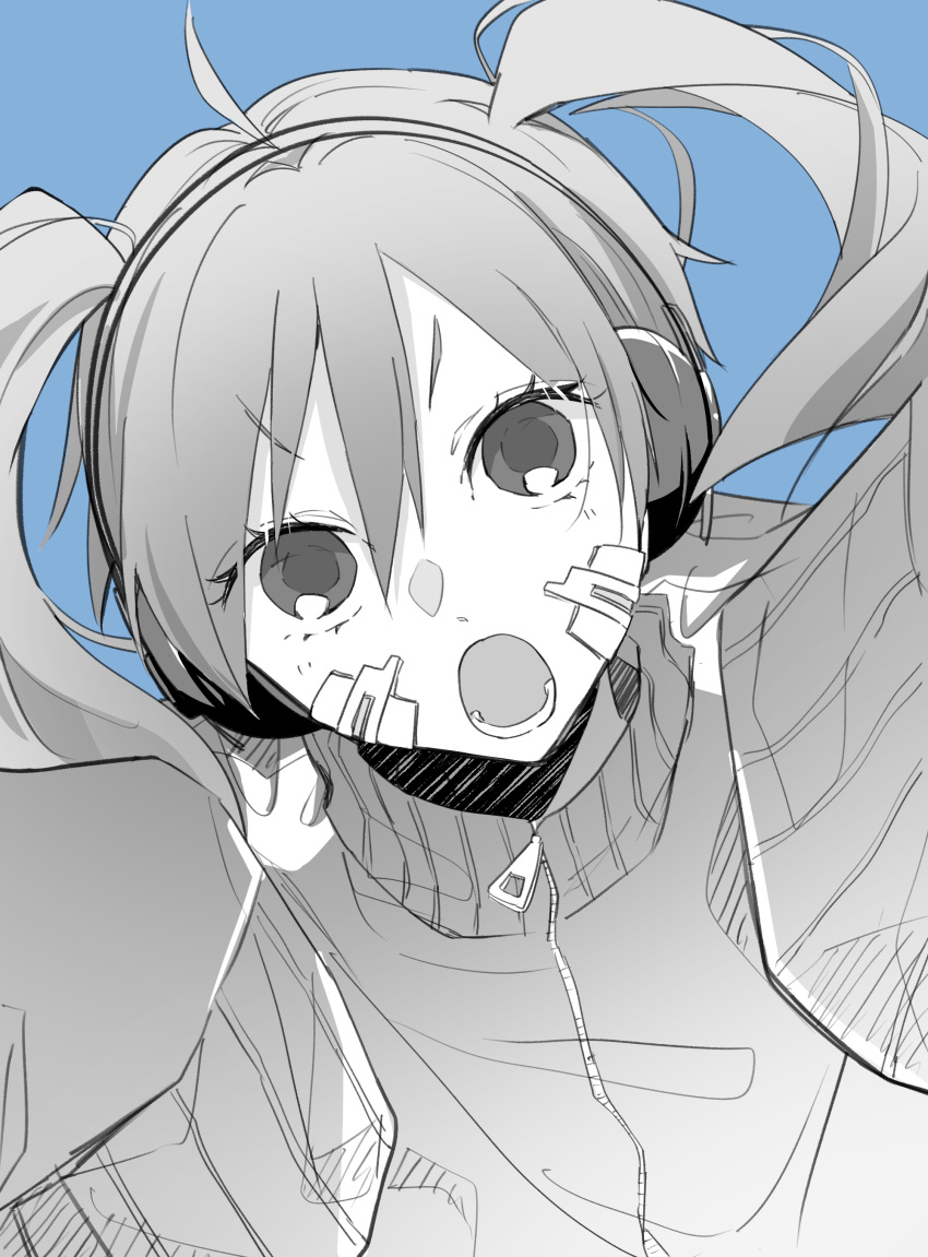 1girl :o absurdres blue_background collared_jacket commentary ene_(kagerou_project) eyes_visible_through_hair facial_mark greyscale_with_colored_background hair_between_eyes headphones highres jacket kagerou_project long_hair looking_at_viewer lower_teeth_only open_mouth popped_collar portrait saitou_shiori_(pixiv14549321) simple_background sleeves_past_fingers sleeves_past_wrists solo teeth track_jacket very_long_sleeves zipper_pull_tab