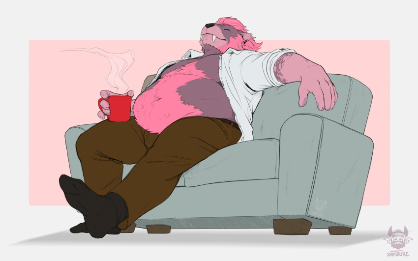 anthro belly belly_hair big_belly body_hair bottomwear clothed clothing fangs felid furniture hi_res hot_beverage male mammal mug navel open_clothing open_shirt open_topwear overweight pants relaxing shirt sitting sofa solo teeth topwear xantouke