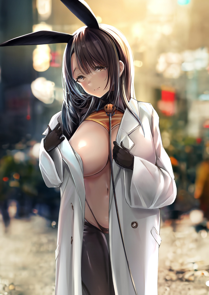 1girl absurdres animal_ears areola_slip backlighting black_gloves black_hair black_pantyhose blurry blurry_background blush breasts brown_eyes city closed_mouth coat cowboy_shot exhibitionism fake_animal_ears gloves highres large_breasts leash long_hair long_sleeves looking_at_viewer mappaninatta meme_attire navel open_clothes open_coat original outdoors overcoat pantyhose pet_play public_indecency rabbit_ears reverse_bunnysuit reverse_outfit solo white_coat