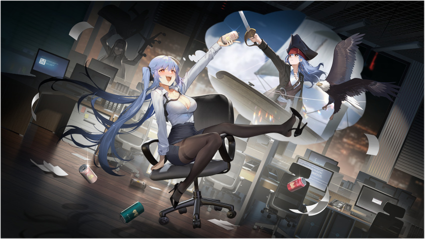 2girls :d absurdres alcohol animal arm_rest arm_up azur_lane beer_can belt bird black_footwear black_headwear black_jacket black_necktie black_pantyhose black_ribbon black_skirt blue_hair blue_screen_of_death blush braid breasts button_gap can chair cleavage collared_shirt desk dress_shirt drunk eagle essex_(azur_lane) essex_(crossbones_especial)_(azur_lane) gun hair_ribbon hat high_heels highres holding holding_can holding_sword holding_weapon imagining indoors jacket kexue keyboard_(computer) large_breasts logo long_hair long_sleeves looking_at_viewer loose_necktie miniskirt monitor multiple_girls multiple_views necktie non-web_source office office_chair office_lady official_alternate_costume official_art open_clothes open_mouth pantyhose pencil_skirt qr_code red_eyes ribbon saber_(weapon) shangri-la_(azur_lane) sheath ship shirt shoe_dangle shoes sitting skirt smile solo_focus swivel_chair sword thighband_pantyhose thought_bubble twintails very_long_hair vest watercraft weapon white_shirt
