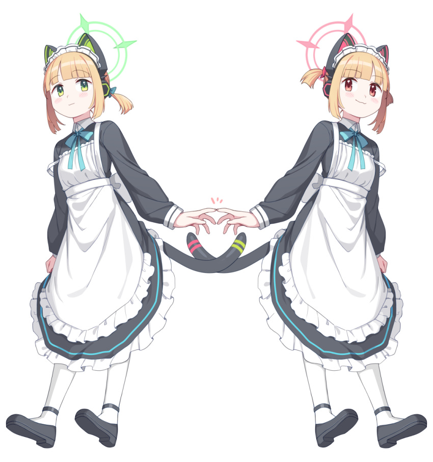 2girls animal_ear_headphones animal_ears black_footwear blonde_hair blue_archive blunt_bangs character_request fake_animal_ears frills full_body green_eyes halo headphones highres light_blush long_sleeves looking_at_viewer maid maid_headdress multiple_girls pantyhose red_eyes saiste shoes short_hair short_ponytail short_twintails simple_background smile strap_slip tail twintails white_background white_pantyhose