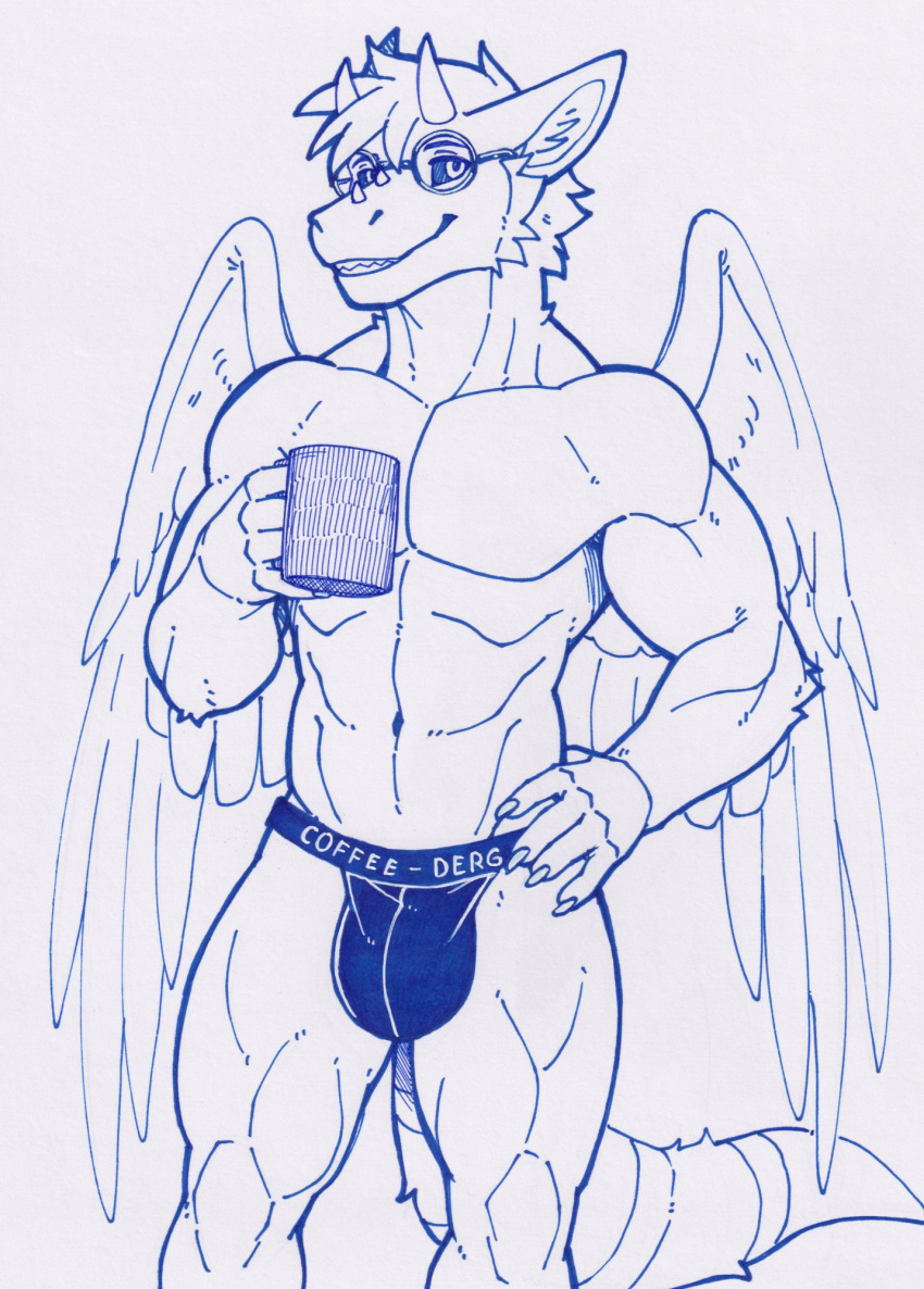 anthro black_sclera bulge claws clothed clothing dragon eyewear feathered_wings feathers glasses hi_res horn jockstrap looking_at_viewer male mug muscular muscular_anthro muscular_male nameless00 navel scalie simple_background smile solo topless underwear white_background wings