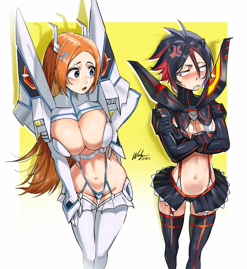 2girls alternate_costume anger_vein black_eyes black_hair black_skirt black_thighhighs bleach breasts cleavage cosplay gradient_hair grey_eyes hairpods highres inoue_orihime kill_la_kill kiryuuin_satsuki kiryuuin_satsuki_(cosplay) kuchiki_rukia large_breasts life_fiber living_clothes matoi_ryuuko matoi_ryuuko_(cosplay) microskirt multicolored_hair multiple_girls navel orange_hair red_hair revealing_clothes skirt small_breasts suspenders thighhighs waligner white_thighhighs