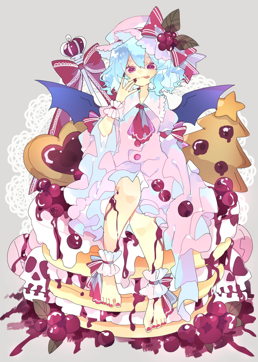 1girl :p barefoot bat_wings berry black_wings blue_hair bow bow_legwear closed_mouth commentary_request dress food frilled_dress frilled_wrist_cuffs frills full_body grey_background hand_on_own_cheek hand_on_own_face hat hat_bow highres lace_background leaf leglet mob_cap nail_polish nikorashi-ka oversized_food oversized_object pancake pancake_stack pink_dress pink_headwear puffy_short_sleeves puffy_sleeves red_bow red_eyes red_nails red_wrist_cuffs remilia_scarlet short_dress short_hair short_sleeves sitting skull sleeve_ribbon smirk solo toenail_polish toenails tongue tongue_out touhou wings