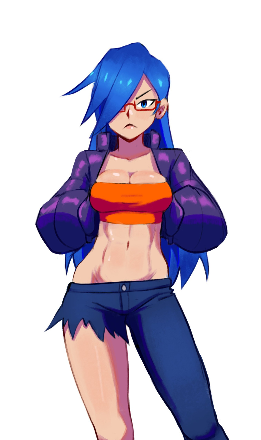 1girl absurdres arms_behind_back asymmetrical_clothes bandeau blue_eyes blue_hair breasts cleavage commentary contrapposto frown glasses groin hair_over_one_eye highres jacket k_etrius large_breasts navel orange_bandeau original purple_jacket red-framed_eyewear semi-rimless_eyewear single_pantsleg solo torn_clothes under-rim_eyewear