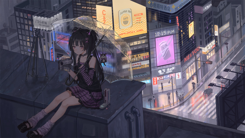 1girl black_choker black_footwear black_hair black_shirt camera can car catzz cellphone choker city cityscape dress elbow_gloves gloves heart heart_choker highres holding holding_camera holding_umbrella long_hair loose_socks motor_vehicle night on_roof original phone plaid plaid_dress purple_dress purple_gloves rain road scenery shirt single_elbow_glove socks street timestamp transparent transparent_umbrella tripod twintails umbrella