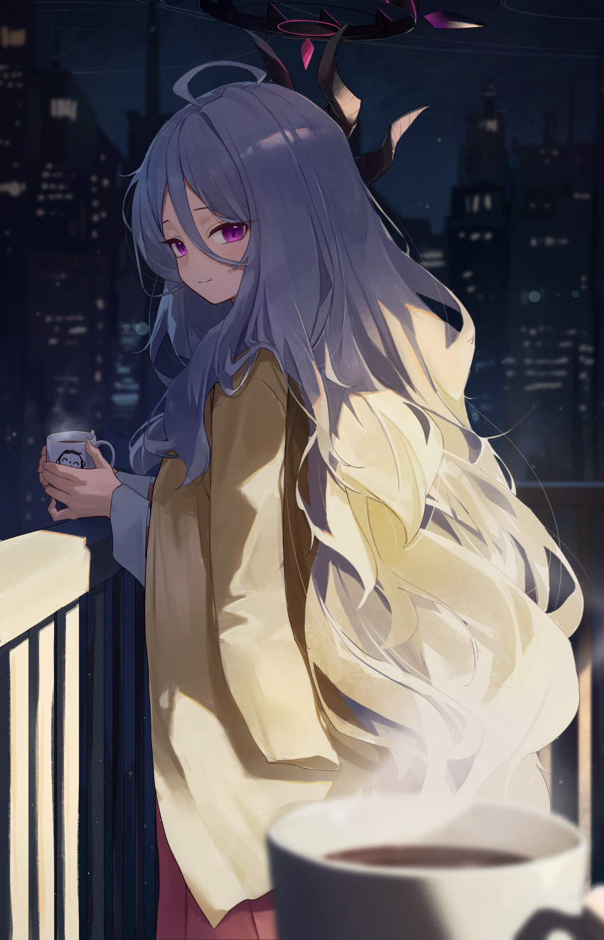 1girl absurdres ahoge arona's_sensei_doodle_(blue_archive) black_horns blue_archive building closed_mouth coat coat_on_shoulders coffee cup grey_hair halo highres hina_(blue_archive) holding holding_cup horns long_hair long_sleeves looking_at_viewer multiple_horns purple_eyes sensei_(blue_archive) smile solo toi1et_paper very_long_hair yellow_coat