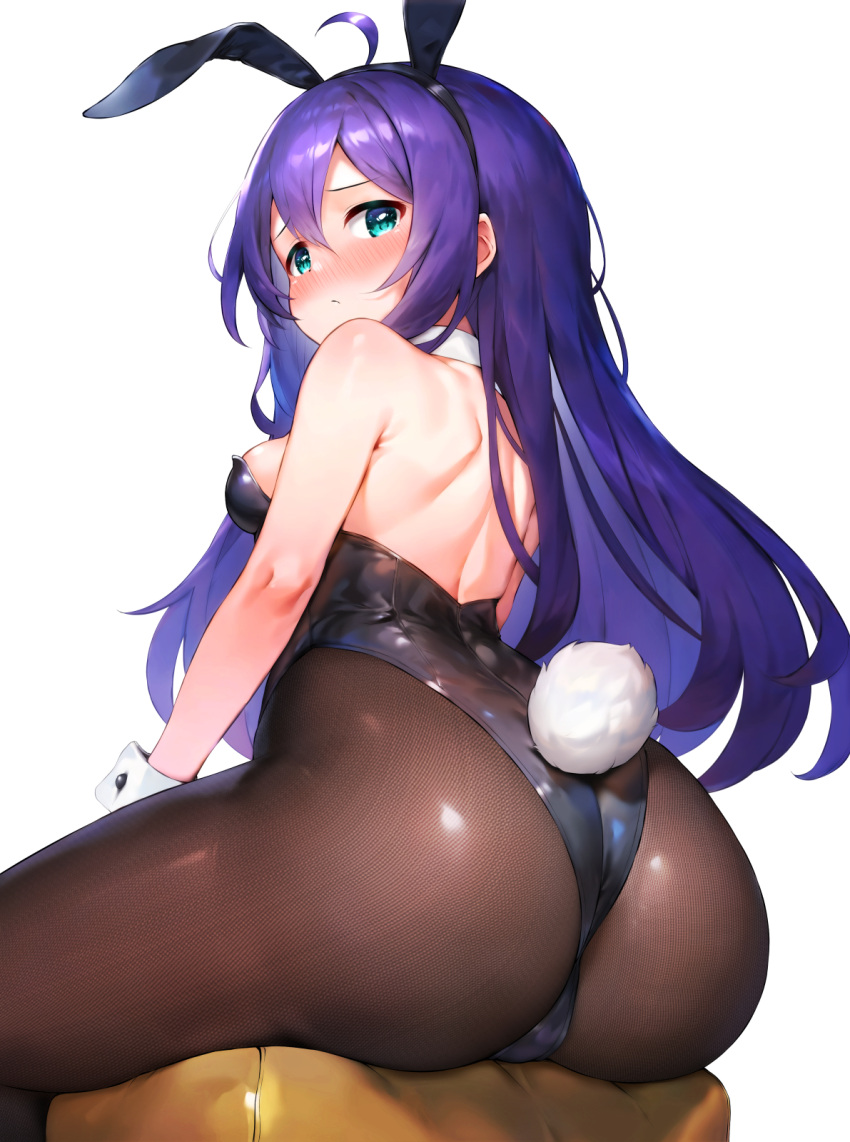 1girl animal_ears ass feet_out_of_frame from_behind green_eyes hair_between_eyes highres idolmaster idolmaster_million_live! long_hair looking_at_viewer looking_back mochizuki_anna pantyhose playboy_bunny purple_hair qianlou_(qianlou12374) rabbit_ears rabbit_tail simple_background sitting solo tail white_background wide_hips wrist_cuffs