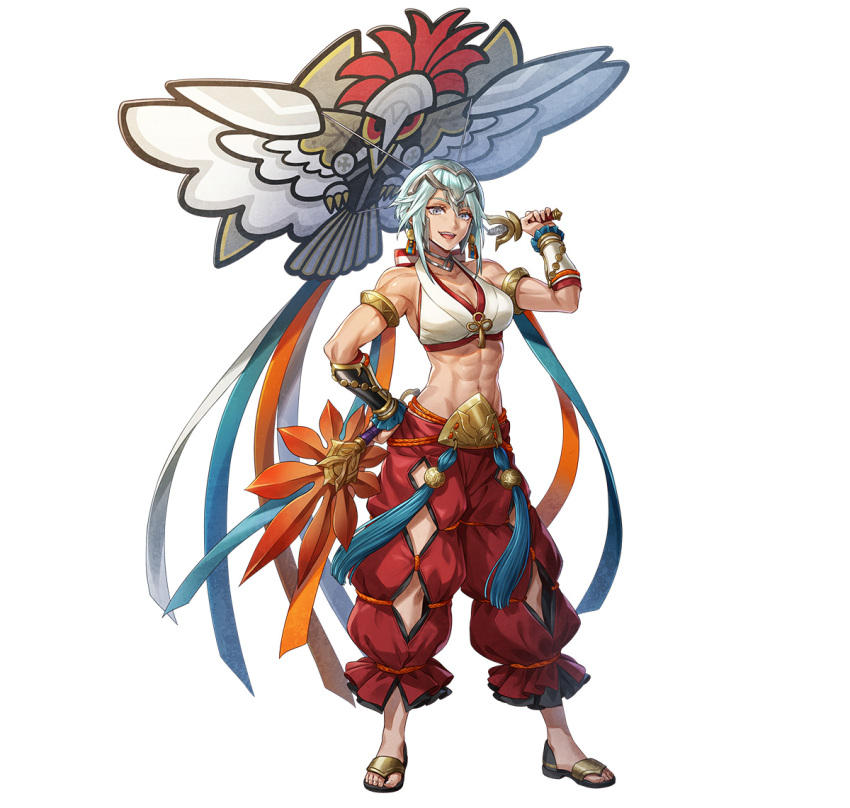 1girl abs armlet breasts cleavage dagr_(fire_emblem) dagr_(winds_offered)_(fire_emblem) fire_emblem fire_emblem_heroes grey_hair hand_fan kite looking_at_viewer medium_breasts midriff muscular muscular_female non-web_source official_alternate_costume official_art open_mouth paper_fan sandals smile solo teeth tiara uchiwa upper_teeth_only white_background