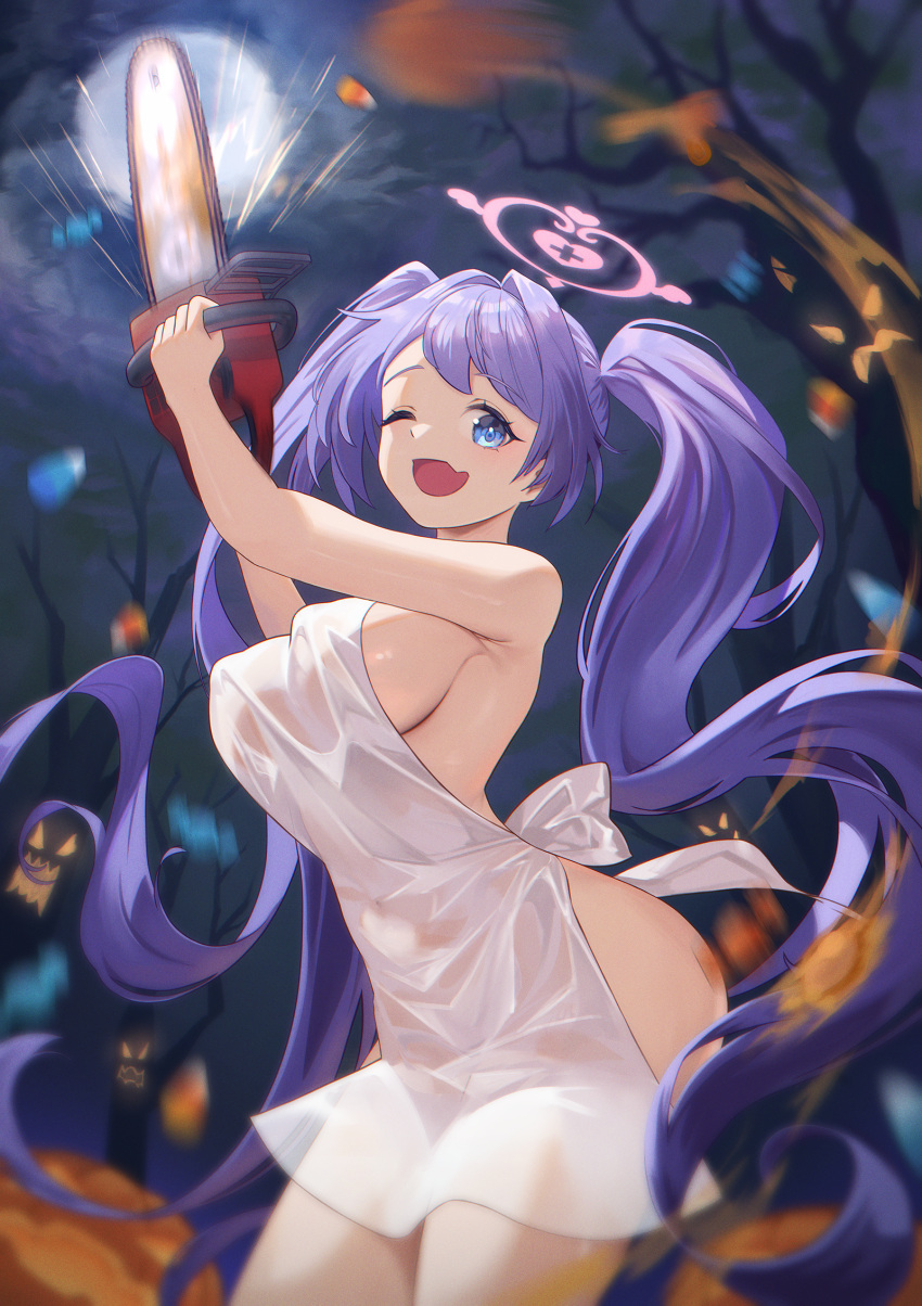 1girl ;d apron blue_archive blurry blush breasts candy candy_corn chainsaw covered_nipples depth_of_field elanphant food full_moon halloween halo hanae_(blue_archive) highres holding holding_chainsaw jack-o'-lantern large_breasts long_hair looking_at_viewer moon naked_apron night night_sky one_eye_closed open_mouth outdoors purple_hair see-through sky smile solo standing tree twintails very_long_hair white_apron