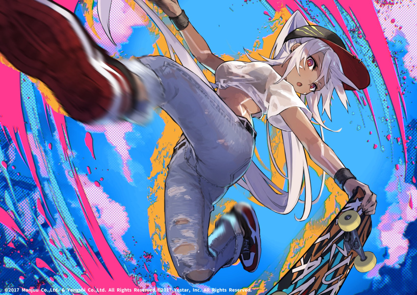 1girl absurdly_long_hair azur_lane baseball_cap black_bra black_headwear blue_background blue_pants bodypaint bra bra_visible_through_clothes breasts dark-skinned_female dark_skin denim from_below full_body hair_between_eyes hair_through_headwear hat highres holding holding_skateboard jeans long_hair looking_at_viewer medium_breasts mephist midriff minneapolis_(azur_lane) minneapolis_(extreme_games)_(azur_lane) motion_blur official_art pants red_eyes see-through see-through_shirt shirt skateboard skateboarding solo torn_clothes torn_jeans torn_pants underwear very_long_hair white_hair white_shirt