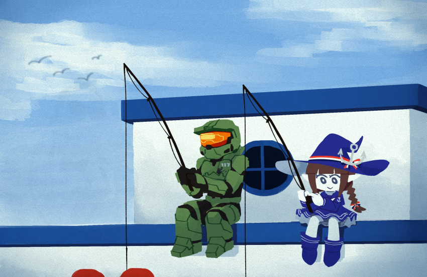 1boy 1girl armor atlaszoidac blue_dress blue_footwear blue_sky boat boots braid brown_hair closed_mouth dress fishing fishing_rod halo_(series) hat highres master_chief oounabara_to_wadanohara power_armor sitting sky smile twin_braids wadanohara watercraft witch_hat