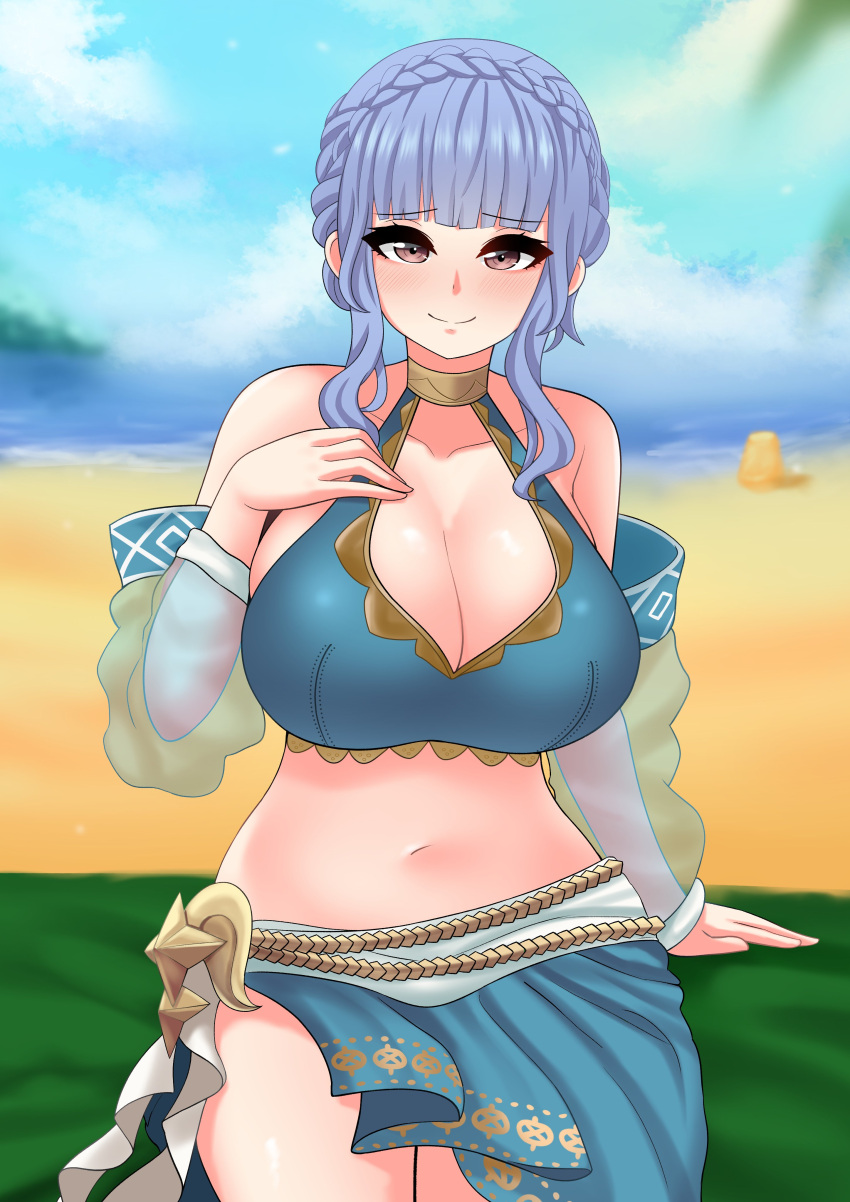 1girl absurdres beach bikini blue_bikini blue_hair blush braid breasts crown_braid hand_on_own_chest highres large_breasts looking_at_viewer marianne_von_edmund marianne_von_edmund_(summer) medium_hair navel official_alternate_costume outdoors sand sitting swimsuit the_only_shoe