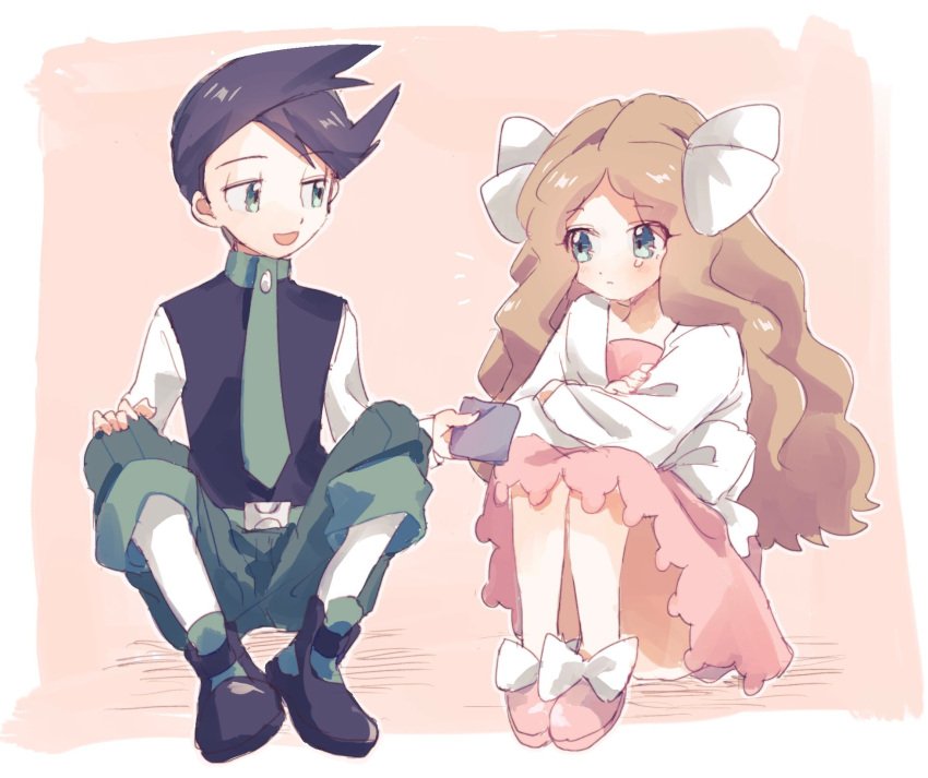 1boy 1girl black_hair black_vest blonde_hair bucket_(b1zja) caitlin_(pokemon) dress full_body green_eyes green_necktie green_pants handkerchief highres holding_handkerchief long_hair long_sleeves looking_at_another necktie pants pink_footwear pokemon pokemon_(game) pokemon_dppt pokemon_platinum shirt short_hair sitting teardrop thorton_(pokemon) vest white_shirt