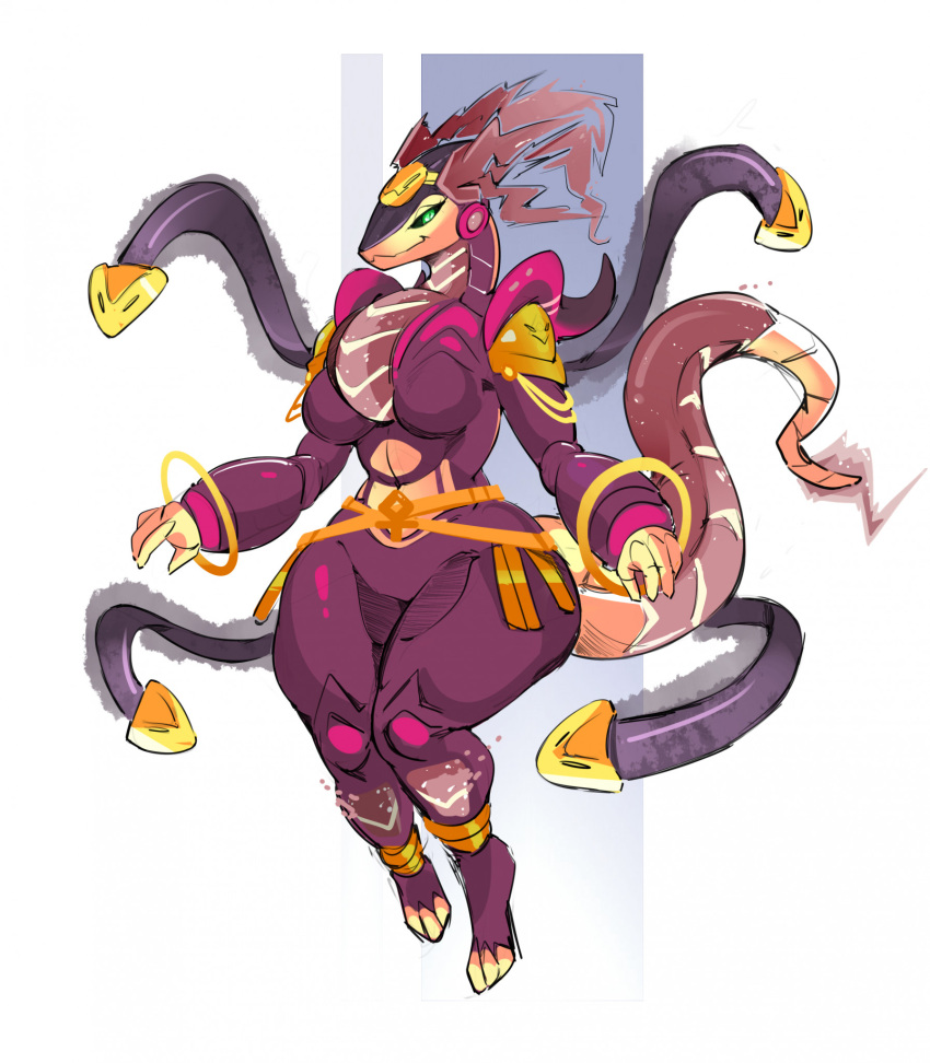 2023 3_toes 4_fingers alternate_species ankh anthro big_breasts black_sclera breasts cofagrigus feet female fingers future_pokemon generation_5_pokemon generation_9_pokemon gold_(metal) gold_jewelry green_eyes hi_res hybrid jewelry legendary_pokemon looking_at_viewer miraidon multi_limb multicolored_body nintendo paradox_pokemon pokemon pokemon_(species) purple_body simple_background solo tan_body thick_thighs toes tori_atlis wide_hips zinnick