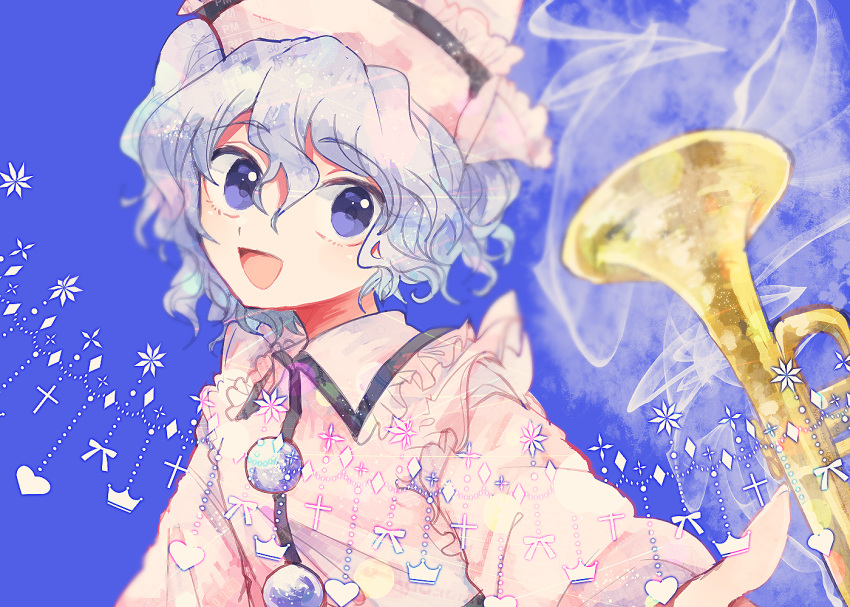 1girl blue_background blue_eyes collared_shirt frilled_shirt_collar frills grey_hair hair_between_eyes hat instrument itomugi-kun long_sleeves merlin_prismriver open_mouth pink_headwear pink_vest shirt short_hair simple_background smile solo touhou trumpet upper_body vest white_shirt