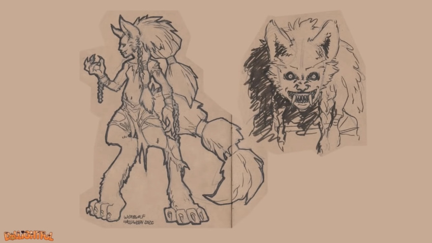 accessory anthro braided_hair canid canine clawed_fingers claws dollightful_(copyright) female fluffy fluffy_tail furgonomics hair hi_res katherine_murray mammal prick_ears solo tail tail_accessory toe_claws were werecanid werecanine werewolf