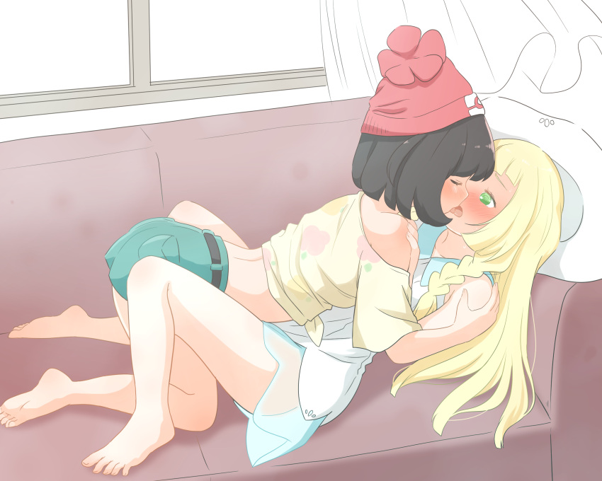 2girls bare_shoulders barefoot beanie black_hair blonde_hair blush braid closed_eyes couch curtains dress eye_contact feet french_kiss from_side green_eyes green_shorts hair_ornament hat highres indoors kiss kurosawa_karura legs_up lillie_(pokemon) long_hair looking_at_another lying multiple_girls open_mouth pokemon pokemon_(game) pokemon_sm red_headwear selene_(pokemon) shirt short_hair short_sleeves shorts sitting skirt sleeveless sunlight sweat t-shirt thighs tied_shirt toes tongue tongue_out twin_braids unusually_open_eyes white_dress white_headwear white_shirt window yellow_shirt yuri