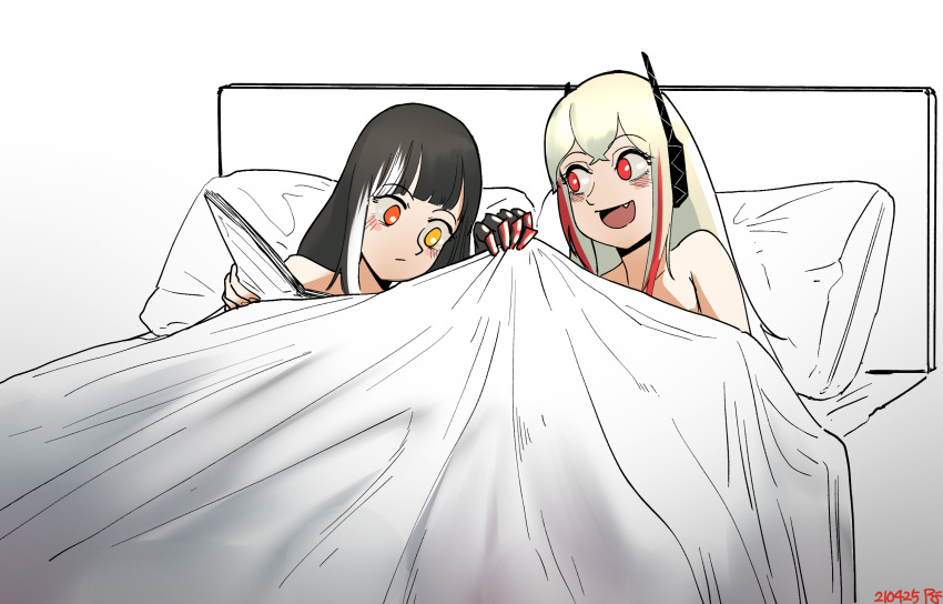 2girls black_hair blanket blonde_hair closed_mouth dated fang girls'_frontline headgear heterochromia highres lifting_covers long_hair looking_at_another lying m4_sopmod_ii_(girls'_frontline) multicolored_hair multiple_girls on_bed open_mouth pillow radish_p red_eyes red_hair ro635_(girls'_frontline) streaked_hair under_covers white_hair yellow_eyes