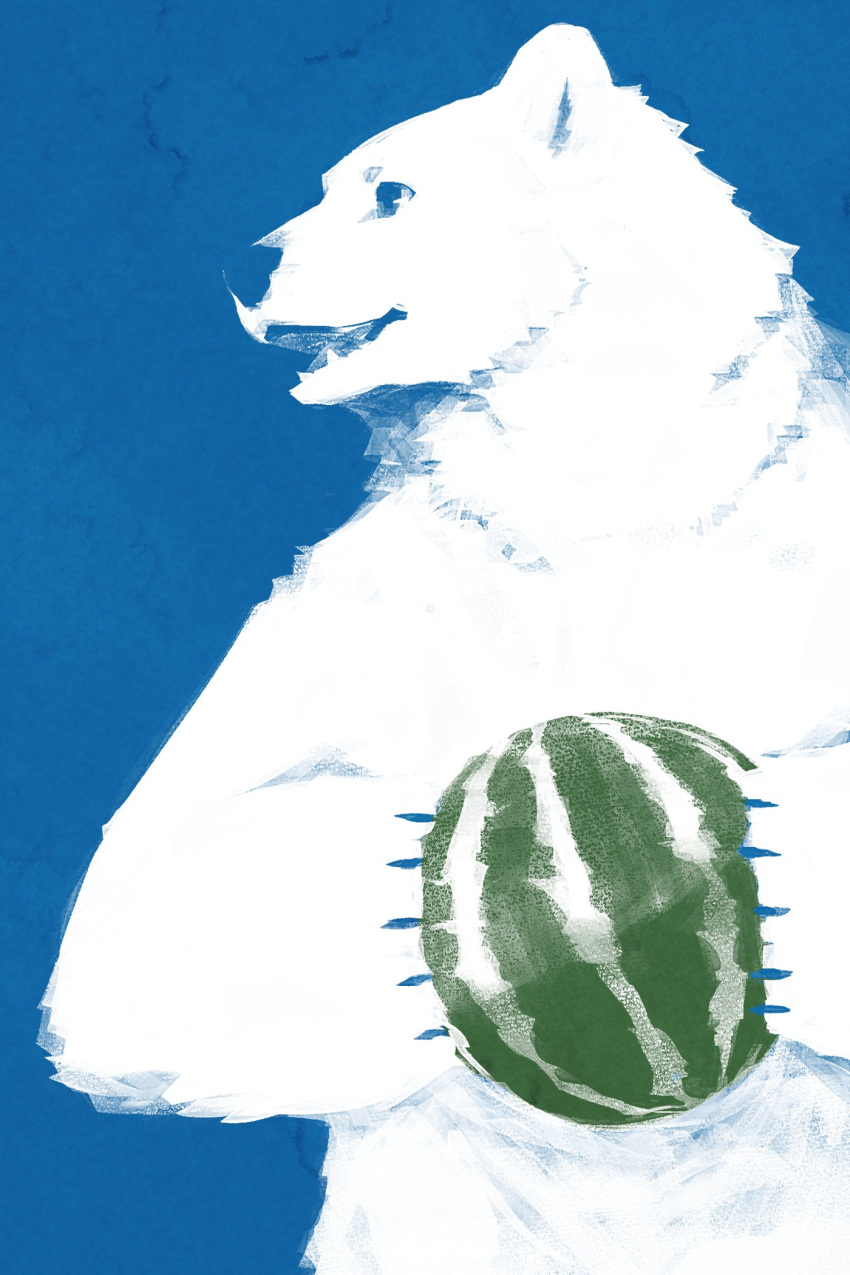 2023 anthro bear biped blue_background food fruit fur hi_res kemono mammal melon plant polar_bear simple_background solo ursine watermelon whistleglass white_body white_fur