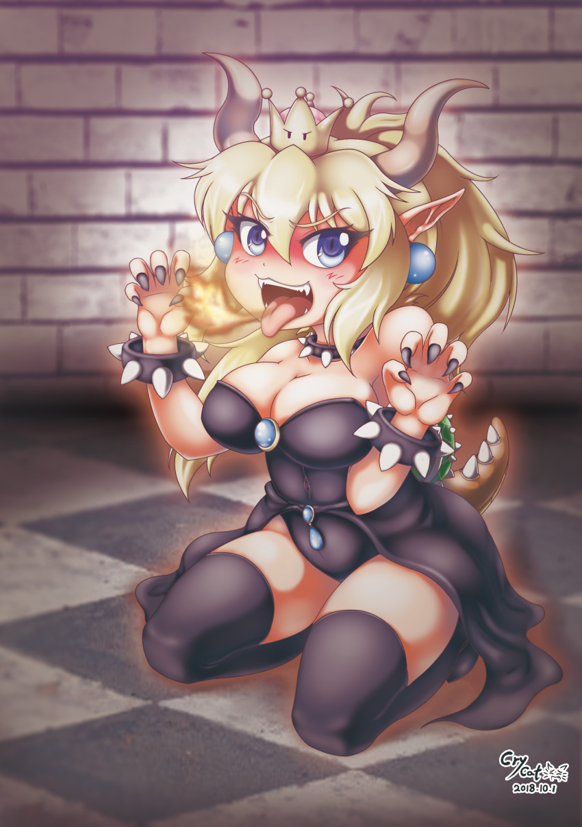 1girl absurdres bare_shoulders black_dress black_nails blonde_hair blue_eyes bowsette bracelet collar crycat dress earrings full_body highres horns jewelry long_hair looking_at_viewer mario_(series) new_super_mario_bros._u_deluxe pointy_ears sidelocks sitting solo spiked_bracelet spiked_collar spikes super_crown tongue tongue_out