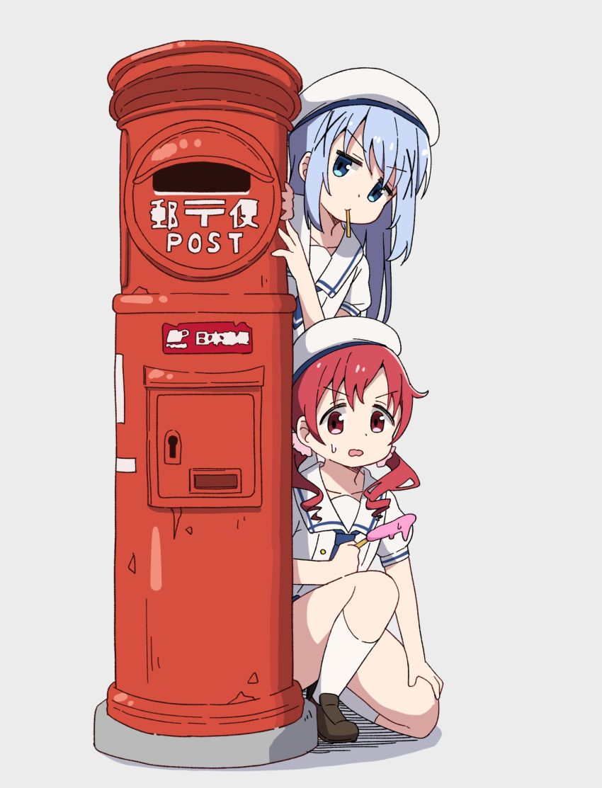2girls :d beret blue_eyes blue_hair brown_footwear closed_mouth collarbone dot_nose food food_in_mouth gochuumon_wa_usagi_desu_ka? grey_background hair_between_eyes hair_ornament hairclip hand_on_own_knee hand_on_own_thigh hand_up hat head_tilt highres holding holding_food japanese_cylindrical_postbox kafuu_chino kneehighs kneeling light_blue_hair loafers long_hair looking_down low_twintails medium_hair melting mohei mouth_hold multiple_girls natsu_megumi open_mouth parted_lips popsicle postbox_(outgoing_mail) puffy_short_sleeves puffy_sleeves red_eyes red_hair sailor_collar sailor_hat school_uniform serafuku shadow shirt shoes short_sleeves sidelocks simple_background sitting smile socks squatting standing sweat sweatdrop tareme twintails v-shaped_eyebrows very_long_hair white_headwear white_sailor_collar white_shirt white_socks x_hair_ornament