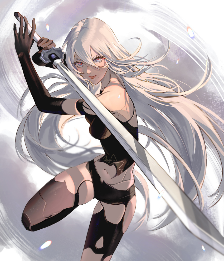 1girl android armlet bare_shoulders black_gloves black_shorts black_tank_top black_thighhighs breasts commentary cowboy_shot elbow_gloves english_commentary eye_trail floating_hair gloves grey_eyes hair_between_eyes highres holding holding_sword holding_weapon joints katana light_trail long_hair looking_at_viewer medium_breasts midriff mole mole_under_mouth navel nier:automata nier_(series) robot_joints shadow shiny_skin short_shorts shorts solo sword tank_top thighhighs torn_clothes very_long_hair virtuous_contract weapon white_hair yorha_type_a_no._2 yubuki_i