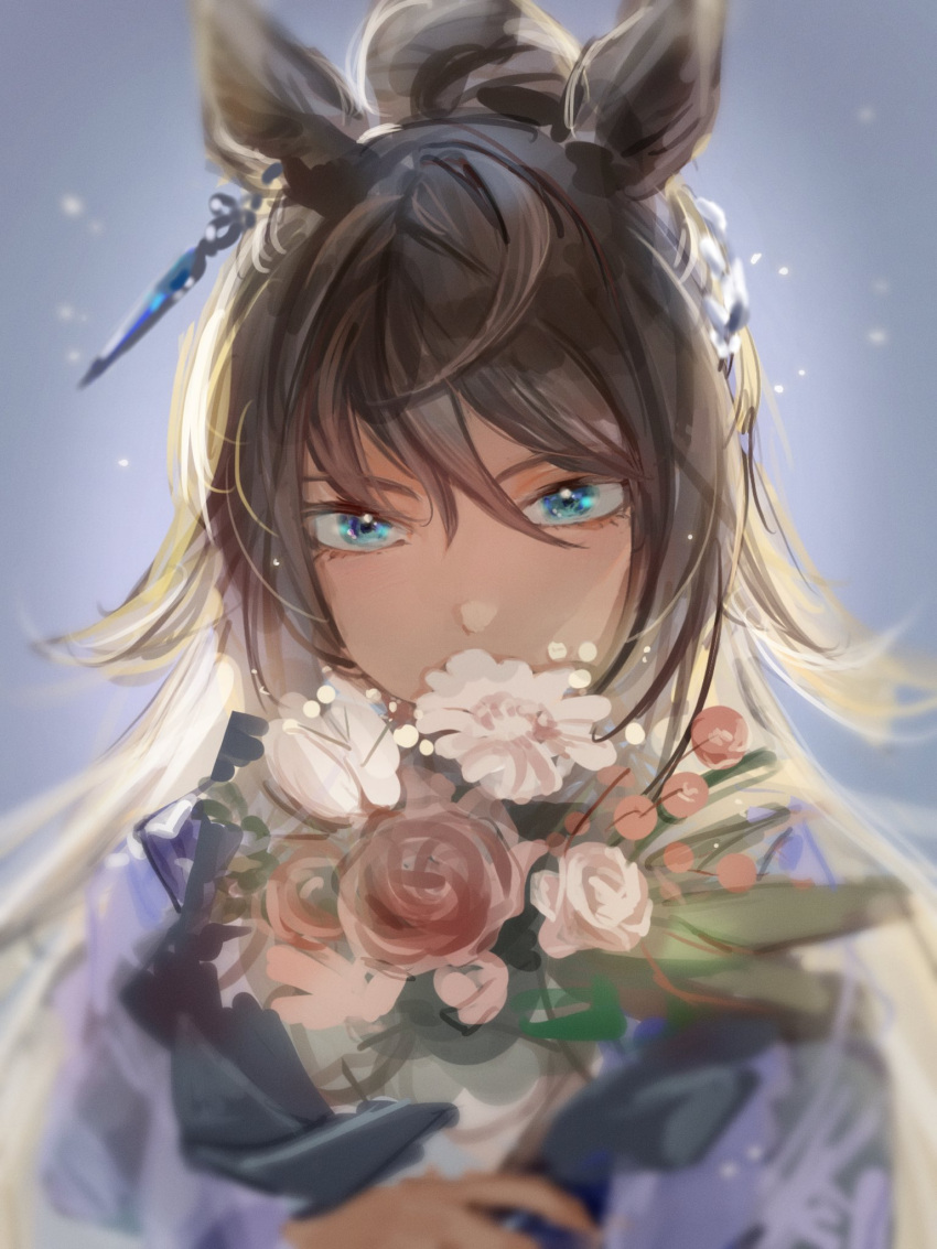 1girl blue_eyes blurry bouquet brown_hair covered_mouth dark-skinned_female dark_skin depth_of_field earrings hair_between_eyes highres holding holding_bouquet jacket jewelry long_hair looking_at_viewer ponytail purple_jacket single_earring solo symboli_kris_s_(umamusume) umamusume upper_body yoshiaki_(yosiaki_ml)