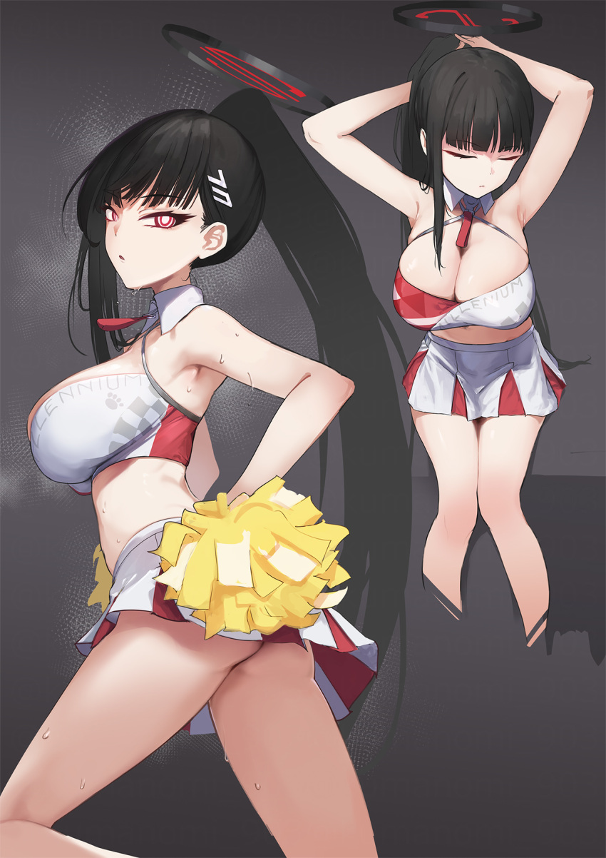 1girl alternate_costume armpits arms_up ass bare_legs black_hair blue_archive breasts cleavage closed_eyes cosplay crop_top detached_collar halo hibiki_(blue_archive) hibiki_(blue_archive)_(cosplay) hibiki_(cheerleader)_(blue_archive) highres holding holding_pom_poms kumanomi large_breasts long_hair looking_at_viewer miniskirt multiple_views pom_pom_(cheerleading) ponytail red_eyes rio_(blue_archive) single_sidelock skirt sweatdrop tying_hair very_long_hair