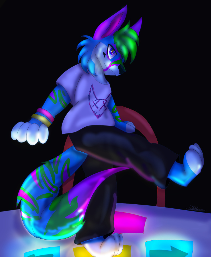 absurd_res anthro arcade bemani canid canine clothed clothing coveted_crow dance_dance_revolution dancing gaming hi_res highlights_(coloring) konami male mammal markings shirt simple_background solo sparkledog striped_markings stripes t-shirt topwear unnatural_colors