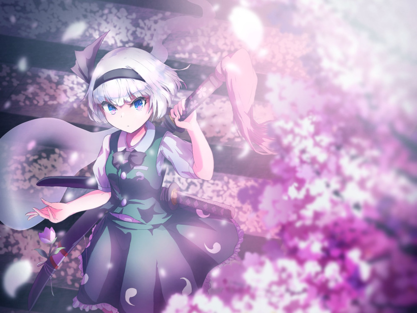 1girl black_bow black_bowtie black_hairband black_ribbon blue_eyes bob_cut bow bow_hairband bowtie cherry_blossoms collared_shirt frilled_skirt frills green_skirt green_vest gvxvg00 hair_ribbon hairband highres hitodama_print katana konpaku_youmu konpaku_youmu_(ghost) petals puffy_short_sleeves puffy_sleeves ribbon sheath shirt short_hair short_sleeves skirt solo stairs sword touhou vest wakizashi weapon white_hair white_shirt