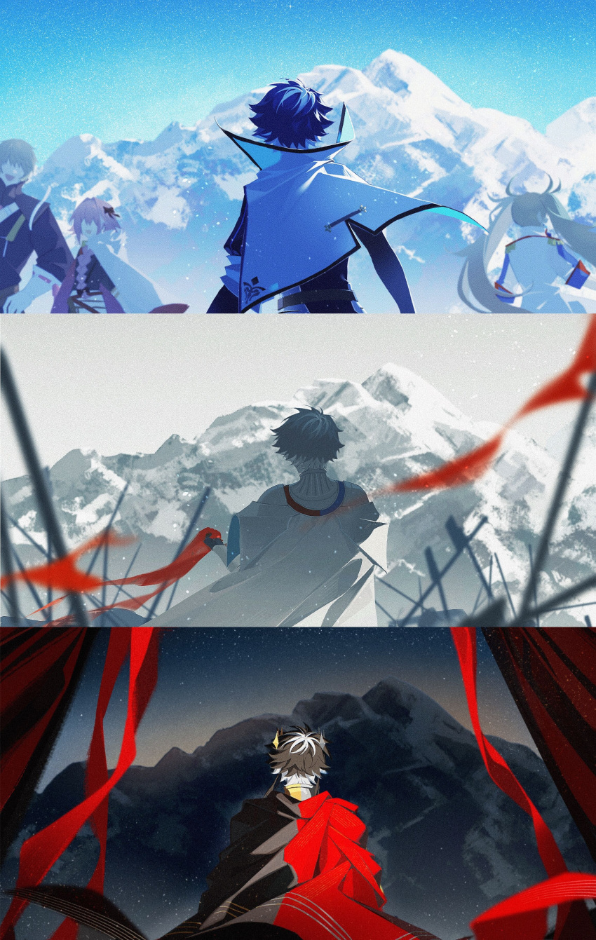 1girl 3boys absurdres age_progression astolfo_(fate) battlefield black_cape black_hair blue_sky bradamante_(fate) braid braided_ponytail cape capelet character_request charlemagne_(fate) day faceless faceless_male fate/grand_order fate_(series) from_behind grey_hair hands_on_own_hips highres idass_(idass16) mountain multicolored_hair multiple_boys multiple_views night night_sky outdoors pink_hair planted planted_spear polearm red_cape shirt short_hair sky spear star_(sky) starry_sky time_lapse twintails two-tone_cape two-tone_hair upper_body weapon white_cape white_capelet white_shirt