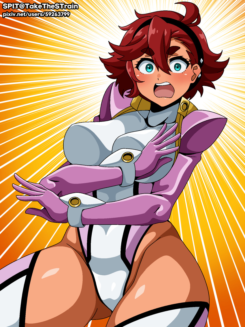 ahoge aoi_anna aoi_anna_(cosplay) breasts commentary_request cosplay gloves gradient_background green_eyes gundam gundam_suisei_no_majo hair_between_eyes highleg highleg_leotard highres korean_commentary large_breasts leotard pilot_suit pink_gloves red_hair shinkon_gattai_godannar!! short_hair spit_(takethestrain) suletta_mercury sunburst sunburst_background swept_bangs thick_eyebrows thighhighs two-tone_leotard two-tone_thighhighs white_thighhighs