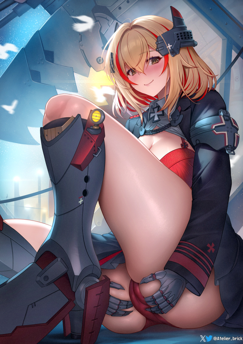 1girl ass_grab azur_lane black_jacket blonde_hair blush bra breasts brick_(atelier_brick) cleavage closed_mouth cross grabbing_own_ass grey_shirt hair_between_eyes highres iron_cross jacket looking_at_viewer mechanical_hands medium_breasts medium_hair multicolored_hair open_clothes open_shirt panties red_bra red_hair red_panties roon_(azur_lane) roon_(muse)_(azur_lane) shirt sitting smile solo streaked_hair thighs twitter_username two-tone_hair underwear