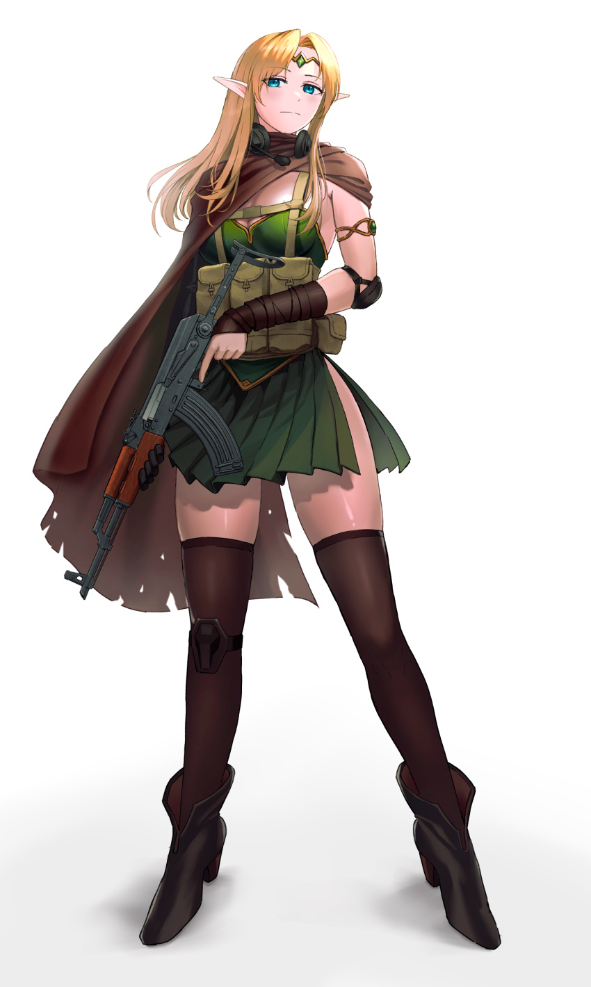 1girl absurdres ankle_boots armlet assault_rifle black_footwear black_gloves black_thighhighs blonde_hair blue_eyes boots breasts brown_capelet cape capelet closed_mouth commentary dress elbow_pads elf english_commentary fantasy frown full_body gloves green_dress gun half-closed_eyes half_gloves harness headphones headphones_around_neck headset high_heel_boots high_heels highres holding holding_gun holding_weapon knee_pads long_hair looking_at_viewer medium_breasts original pencil_pusher pleated_dress pointy_ears rifle short_dress side_slit simple_background solo standing thighhighs tiara torn_cape torn_clothes trigger_discipline weapon white_background