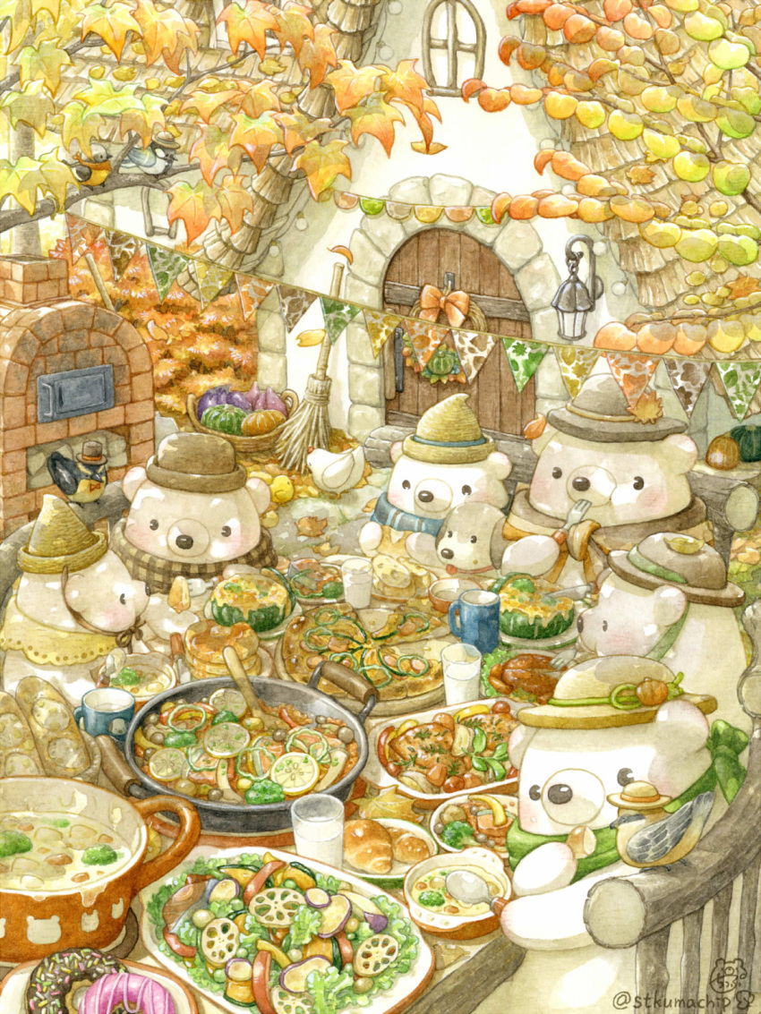 animal animal_focus artist_name bear bird bread broom building cup dog doughnut food fork hat highres holding holding_fork holding_spoon milk no_humans original pancake pancake_stack plate scarf spoon st.kuma table watermark