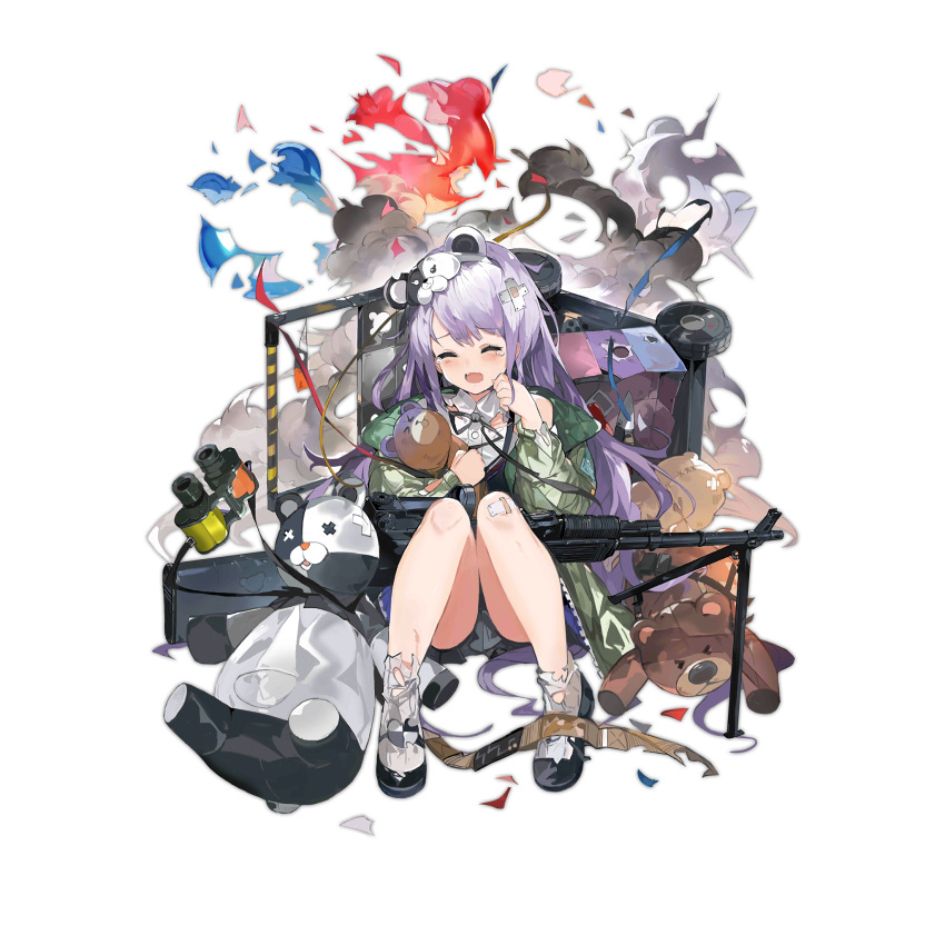 &gt;_&lt; 1girl aged_down alchemaniac animal_balloon animal_ear_headwear balloon bandaid bandaid_on_knee bandaid_on_leg bike_shorts binoculars black_dress black_footwear black_ribbon black_shorts bullet_hole closed_eyes dress fang full_body girls'_frontline green_jacket gun hairband highres holding holding_stuffed_toy jacket light_machine_gun long_hair long_sleeves mary_janes neck_ribbon official_alternate_costume official_art open_mouth popping purple_eyes purple_hair ribbed_socks ribbon rpk rpk-203_(girls'_frontline) rpk-203_(little_volunteer)_(girls'_frontline) shirt shoes shorts simple_background sitting socks solo sticker stuffed_animal stuffed_panda stuffed_toy teddy_bear torn_clothes torn_ribbon torn_socks torn_straps toy_wagon transparent_background two-tone_hairband very_long_hair weapon white_shirt white_socks