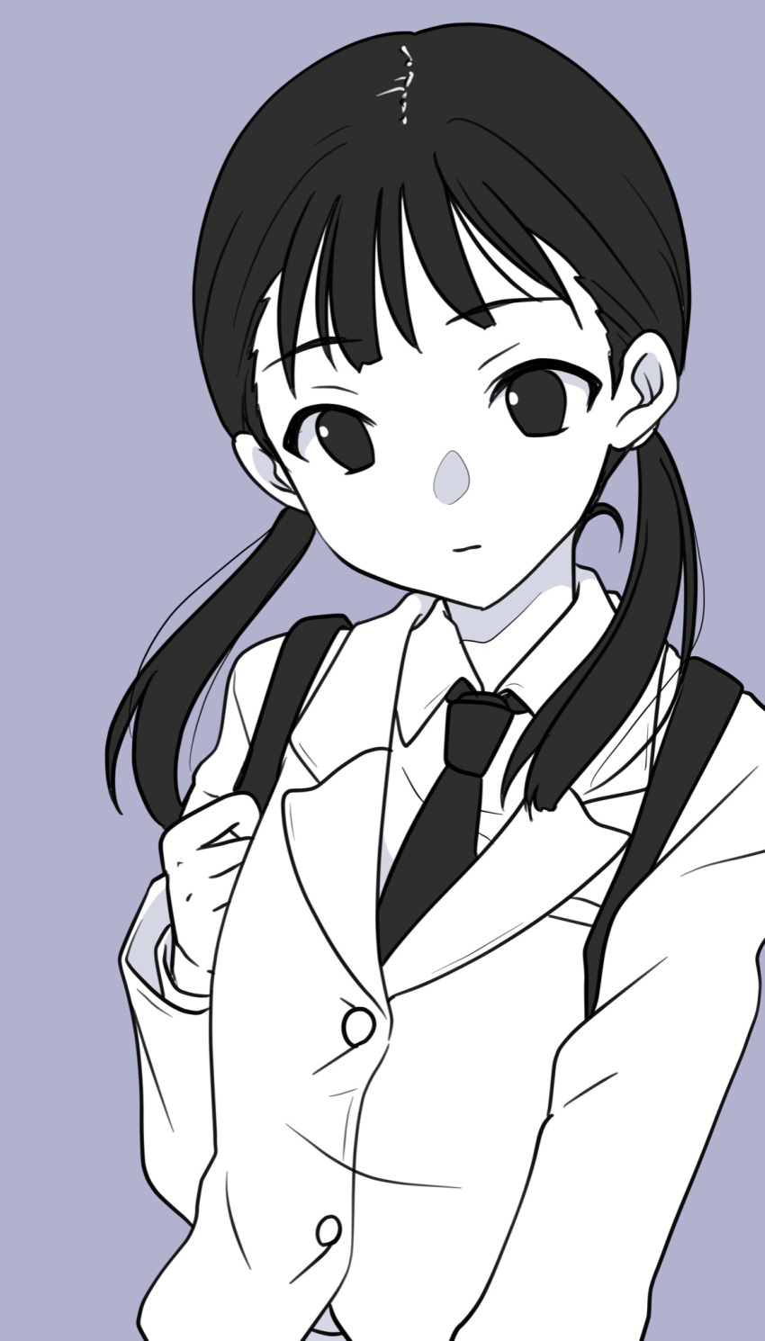 1girl backpack bag blazer buttons closed_mouth collared_shirt expressionless greyscale_with_colored_background hand_up highres hikaru_(ofuton_at5) holding_strap jacket long_sleeves looking_down necktie official_alternate_hairstyle purple_background school_bag school_uniform shirt simple_background solo tamura_yuri twintails upper_body watashi_ga_motenai_no_wa_dou_kangaetemo_omaera_ga_warui!