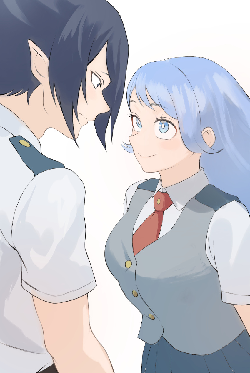 1boy 1girl absurdres amajiki_tamaki black_hair blue_eyes blue_hair blue_skirt boku_no_hero_academia closed_mouth collared_shirt eye_contact fengling_(furin-jp) grey_vest hadou_nejire highres long_hair looking_at_another necktie pleated_skirt pointy_ears red_necktie school_uniform shirt short_hair skirt smile spiked_hair u.a._school_uniform vest white_background white_shirt