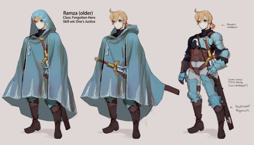 1boy aged_up alternate_costume armor blonde_hair blue_cloak boots breastplate brown_eyes cloak epebe expressionless facial_hair final_fantasy final_fantasy_tactics full_body gauntlets goatee highres holding hood leg_armor looking_to_the_side male_focus ponytail ramza_beoulve scabbard sheath shoulder_armor solo sword weapon